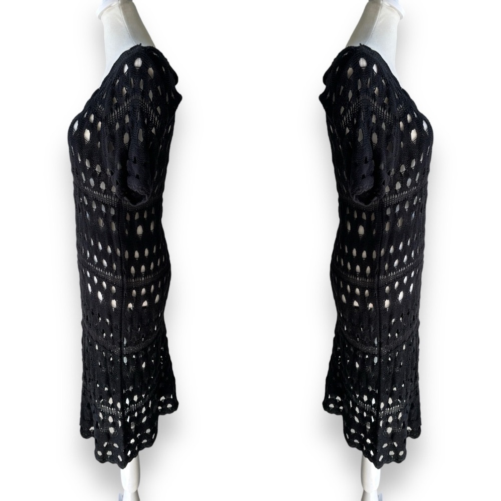 New Kial Black Crochet Knit Short Sleeve Midi Dress or Swim Cover | Large - Picture 6 of 12